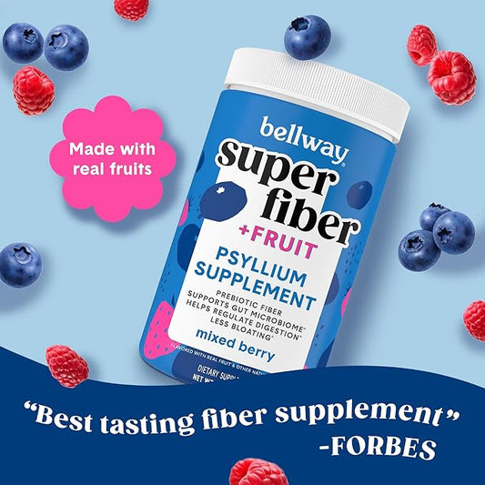 Bellway Super Fiber Powder + Fruit, Sugar Free Organic Psyllium Husk Powder Fiber Supplement for Regularity, Bloating Relief & Digestive Health, Plant-Based, Mixed Berry (50 Servings)