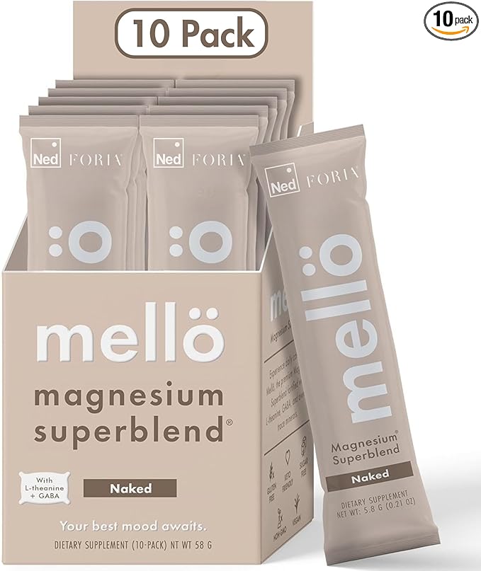 Mellö Magnesium Supplement Superblend Powder - Magnesium Glycinate with L-Theanine, GABA, and Trace Minerals - Supports Sleep, Relaxation, and Balanced Energy - Unflavored, 10-Pack, Singles