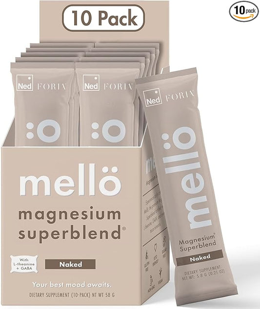 Mellö Magnesium Supplement Superblend Powder - Magnesium Glycinate with L-Theanine, GABA, and Trace Minerals - Supports Sleep, Relaxation, and Balanced Energy - Unflavored, 10-Pack, Singles