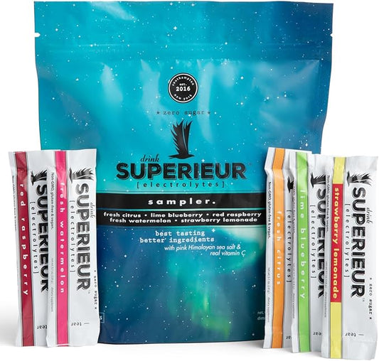 Superieur Electrolyte Powder Packets - Vegan Electrolyte Hydration Powder w/Sea Minerals - Keto Friendly, Non-GMO, Zero Sugar Electrolyte Supplement-Healthy Sports Drink -Sampler Pack (20 Packets)