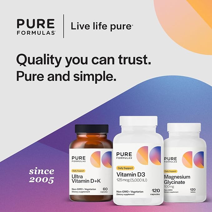 PureFormulas Vitamin D3 5,000 IU 125 mcg - Pure Vitamin D Supplement for Healthy Bone Formation, Teeth, Cardiovascular Health, and Immune Support Non-GMO - 120 Count Vegetarian Capsules