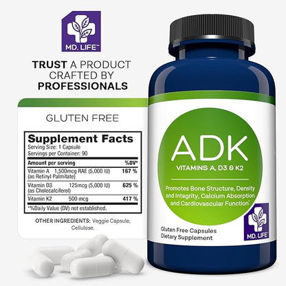 MD.LIFE A D K Vitamin Supplement - Vitamin D3 K2 and A - 90 Capsules - Bone Health and Heart Health Support – High Potency Vitamin ADK Supplement - ADK Complex