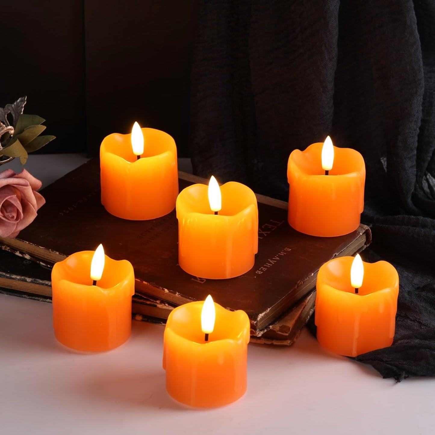 Eywamage Orange Flameless Votive Candles with Remote Batteries, Dripping Wax Halloween Fall LED Candles Set of 6 Φ 2" H 2"