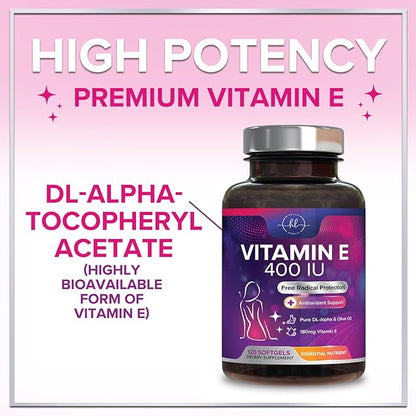 Vitamin E for Women and Men - 180 mg (400 IU) dl-Alpha - Powerful Antioxidant Dietary Supplement - Hair, Skin, & Immune Health Support - Easily Absorbed Form, Non-GMO & Gluten Free - 120 Softgels
