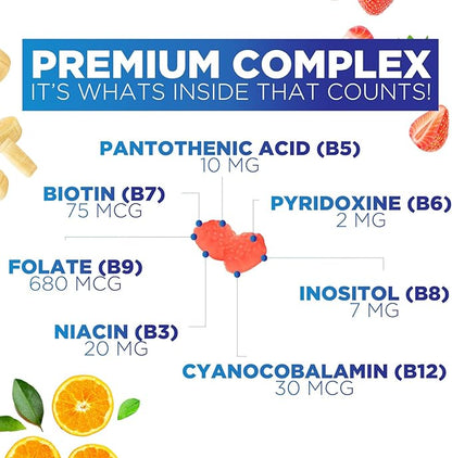 B Complex Gummies with Vitamin C & Folic Acid, Extra Strength Super Vitamin B Gummies Supplement with Niacin, B6, Folic Acid, B12, Biotin, Nature's Energy Immune Support Supplements - 60 Gummies