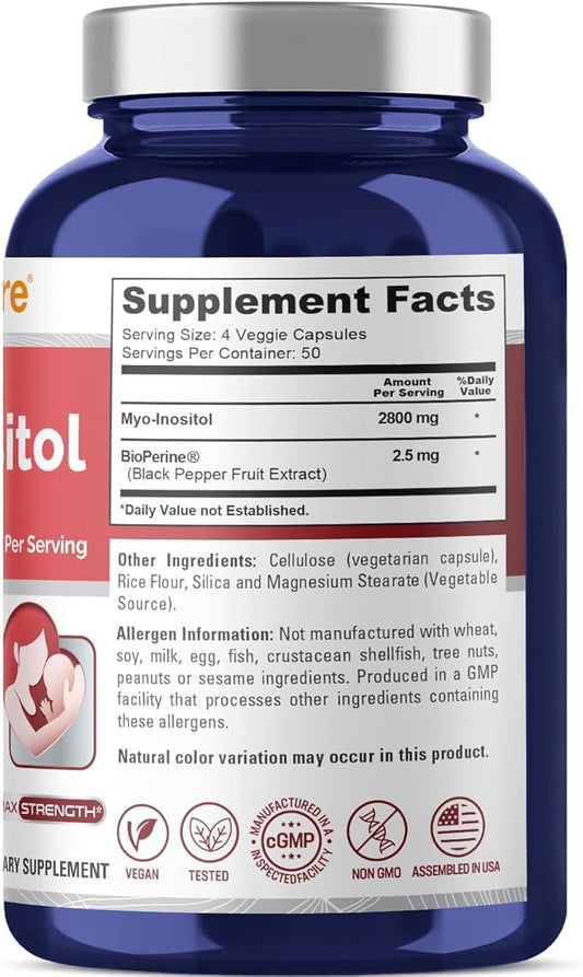 NusaPure Myo-Inositol 2800mg, 200 Capsules, Extra Strength Supplement, Non-GMO