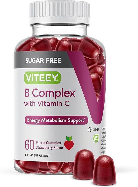 VITEEY Vitamin B Complex Gummies with Vitamin C, Sugar Free - Energy, Metabolism & Nerve Health - B6, B12, Folic Acid, Biotin - Vegan, Gelatin Free, GMO Free - Tasty Chewable Strawberry Flavored Gummy