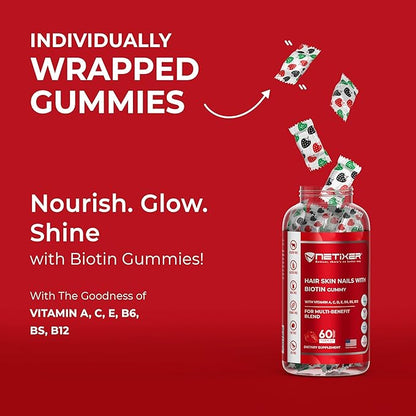 Hair Skin Nails Gummies with 5000 MCG Biotin, Vitamin A C D E B6 B12, Multi-Benefit Supplement for Women & Men, 60 Count, Individually Wrapped, Strawberry Flavour