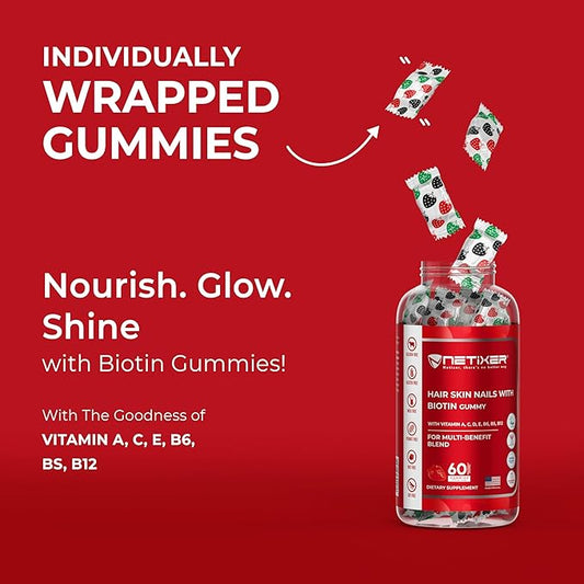 Hair Skin Nails Gummies with 5000 MCG Biotin, Vitamin A C D E B6 B12, Multi-Benefit Supplement for Women & Men, 60 Count, Individually Wrapped, Strawberry Flavour
