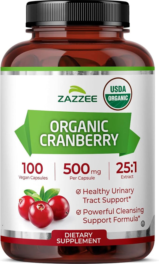 Zazzee USDA Organic Cranberry 25:1 Extract, 12,500 mg Strength, 100 Vegan Capsules, Over 3 Month Supply, Standardized, Concentrated 25X Extract, 100% Vegetarian, Certified Organic, Non-GMO All-Natural