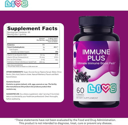 Immune Plus Gummies – Elderberry Extract with Vitamin C, D3, & Zinc | Plant Based Immune Support Supplements for Adults & Kids | Gluten Free & Chewable Elderberry Flavored Gummy Vitamins - 60 Ct