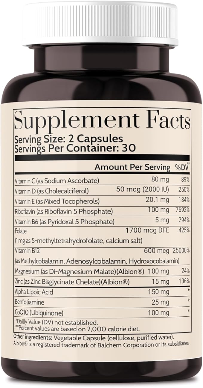 Migra-Well AM: Energizing Daily Methylated Multivitamin with Bioavailable Minerals & Antioxidants Supporting Brain & Nerve Heath for Women and Men - Without Iron (60 Capsules)