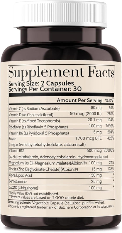 Migra-Well AM: Energizing Daily Methylated Multivitamin with Bioavailable Minerals & Antioxidants Supporting Brain & Nerve Heath for Women and Men - Without Iron (60 Capsules)