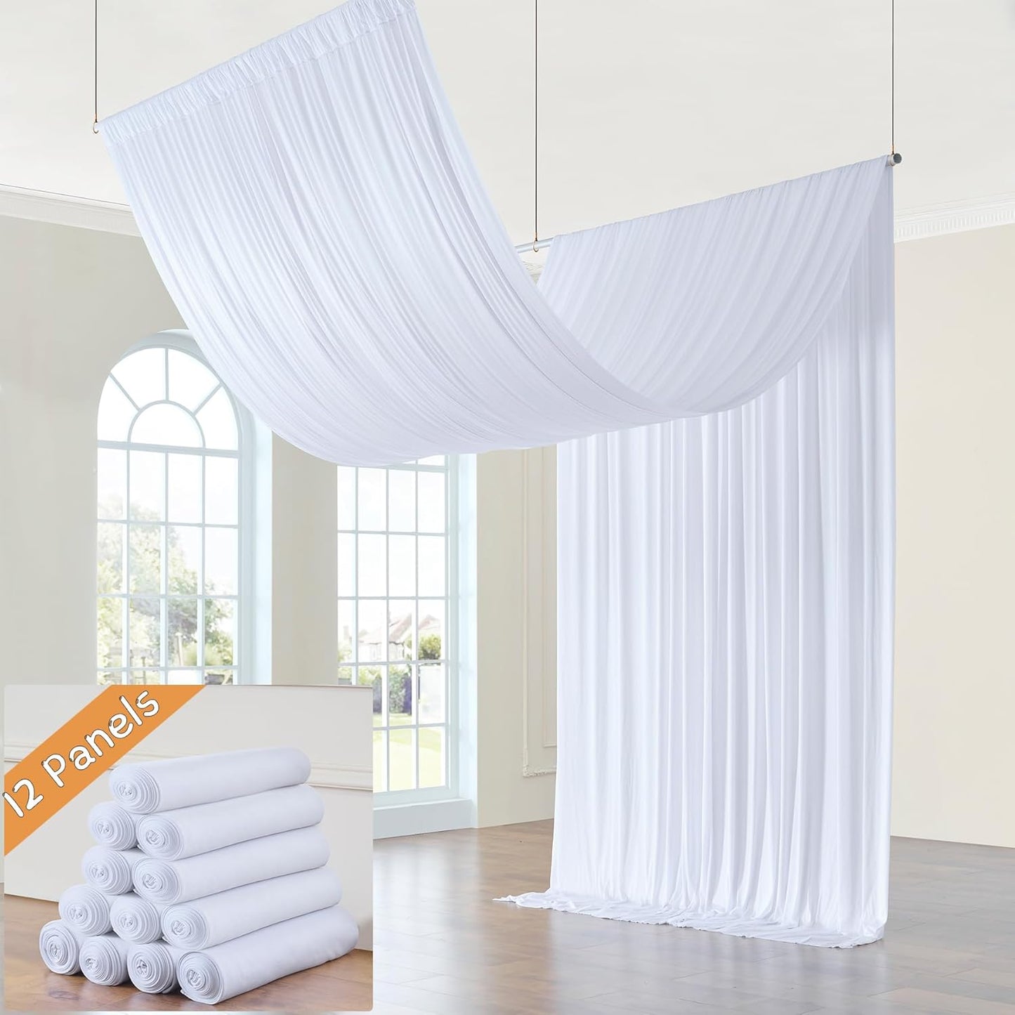 60ft x 15ft White Wrinkle Free Backdrop Curtains for Parties,Silky Polyester Fabric Wedding Ceiling Drapes, 12 Panels 15ft Photo Back Drop Drapes for Baby Shower Photography Stage Background Cloth