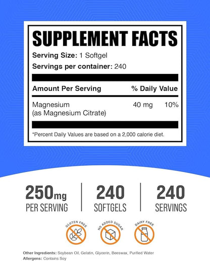BulkSupplements.com Magnesium Citrate Softgels - Magnesium Supplement, Magnesium Citrate Supplement - 250mg (with 40mg Magnesium), Gluten Free, 1 Softgel per Serving, 240 Count (Pack of 1)