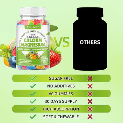 softbear Calcium Magnesium Zinc Gummies for Women, Calcium Magnesium Supplement Chewable Calcium 600 mg with Vitamin D3 for Bone Strength Vegan Mixed Fruit Flavor 60 Gummies