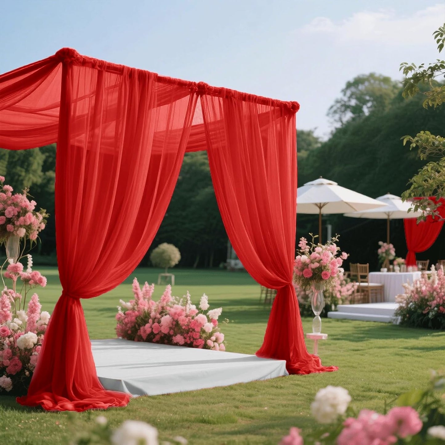 Wedding Arch Draping Fabric 29" x 18 FT Red Sheer Chiffon Outdoor Curtain Drapes for Wedding Birthday Party Ceremony Decor(2 Panels, Red)