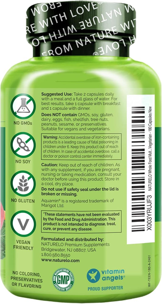 NATURELO Teen Multivitamin - Whole Food Multivitamin - with Minerals for Teenage Boys & Girls - Supplement for Active Kids - Non-GMO - Vegan & Vegetarian - 180 Capsules