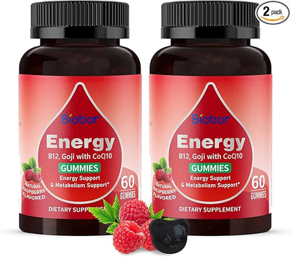 Natural Energy Gummies with Vitamin B12, Goji, CoQ10, Energy Support & Metabolism Support Chewable Supplement,GMO Free, Gluten Free(Raspberry, 120 Count)