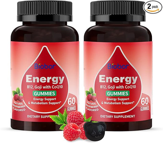 Natural Energy Gummies with Vitamin B12, Goji, CoQ10, Energy Support & Metabolism Support Chewable Supplement,GMO Free, Gluten Free(Raspberry, 120 Count)