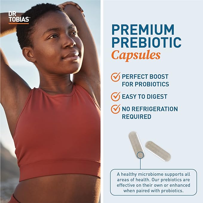 Dr. Tobias Prebiotics Digestive Support, Advanced Prebiotic Supplement for Gut Health, Immune Function & Boost for Probiotics for Women & Men, Vegan, Non-GMO, 60 Capsules, 60 Servings