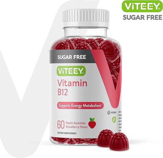 Viteey Vitamin B12 Gummies for Adults & Teens 1000mcg, Sugar Free - Good for Energy, Metabolism, Natural Energy Support - Vegan, Gelatin Free, Gluten Free, GMO Free - Chewable Strawberry Flavored