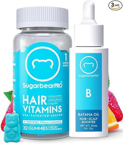 SugarBearPro Batana Hair Oil & Glass-Dropper Applicator, 1oz + Vegan Hair Vitamin Gummies 1 Month Supply, Extra Strength Biotin 6000mcg