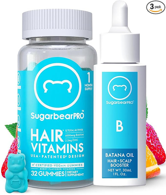 SugarBearPro Batana Hair Oil & Glass-Dropper Applicator, 1oz + Vegan Hair Vitamin Gummies 1 Month Supply, Extra Strength Biotin 6000mcg