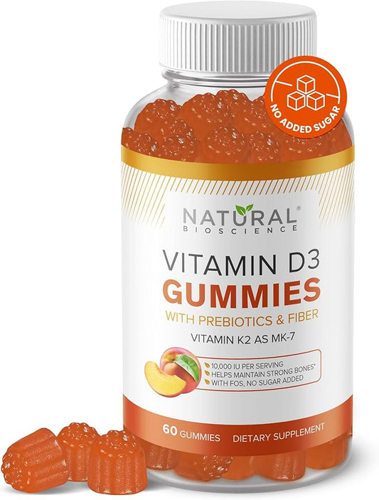 Vitamin D3 10000 IU & Vitamin K2 Gummies - Extra Strength, Sugar-Free, High Absorption - Bone, Joint, Immune, Heart, Brain & Mood Support - Non-GMO, Gluten-Free, Fiber-Based with Prebiotics, 60 Count