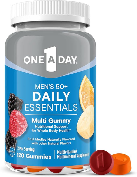 One A Day Men’s 50+ Daily Essentials Multivitamin Gummies, Multivitamin for Men Over 50, Fruit Medley Flavor, 120 Gummies