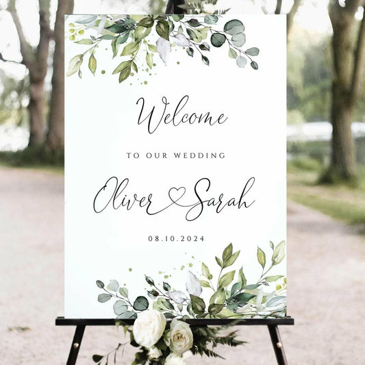 Greenery Wedding Welcome Sign, Eucalyptus Wedding Sign, Botanical Welcome Wedding Sign, Welcome to our Wedding Sign, Wedding Signs for Ceremony, Personalized Wedding Welcome Sign #09