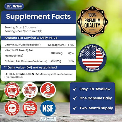 Dr. Wise Vitamin D3 + K2 – 5000 IU D3 with MK-7, One Per Day, for Strong Bones, Heart Health & Rejuvenated Vitality – Easy Swallow, Non-GMO – 60 Capsules, 2-Month Supply