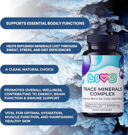 Trace Mineral Complex – 500mg Vegetarian Capsules | 11 Essential Trace Minerals for Immune, Cellular & Electrolyte Support | Daily Magnesium Supplement with Zinc, Potassium, Calcium – 60 Count