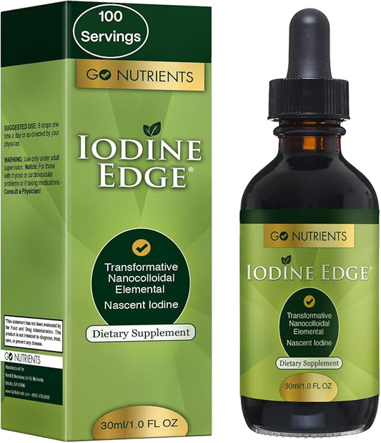 Go Nutrients Iodine Edge – Organic Nascent Iodine Liquid Supplement for Thyroid Support, Energy, Immune & Cognitive Health – High Absorption Drops - Natural Tincture for Women & Men – 1 oz
