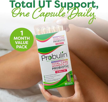 Probulin Total Care Women's Urinary Tract = Prebiotics + Probiotics + Postbiotics to Support a Healthy Vaginal Microbiome - 20 Billion CFU - 12 Strains - 30 Vegan Capsules