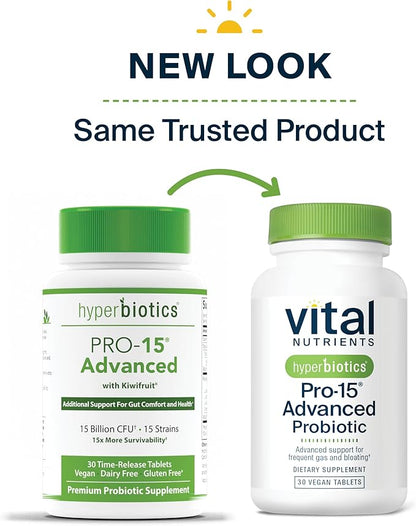 Hyperbiotics Vital Nutrients Pro-15 Advanced Probiotics for Women and Men | 15 Strains + Kiwifruit | Clinically Studied Daily Probiotics for Digestive Health, Gas, & Bloating | 30 Vegan Tablets