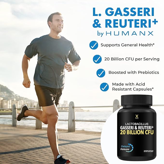 HUMANX Lactobacillus Gasseri & Reuteri+ 20 Billion CFU Plus Organic Prebiotics and Punicaligans - Probiotic Supplements - USA Made - Non-GMO - Performance Driven Delayed Release Capsule