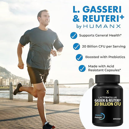 HUMANX Lactobacillus Gasseri & Reuteri+ 20 Billion CFU Plus Organic Prebiotics and Punicaligans - Probiotic Supplements - USA Made - Non-GMO - Performance Driven Delayed Release Capsule