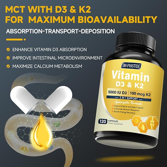 DRFOSTER Vitamin D3 K2 – High-Potency 125mcg D3 (5000IU) & 100mcg K2 (MK7) – Bone Strength, Heart & Immune Support – Enhanced with Zinc, Boron & MCT – 120 Capsules, Non-GMO, Gluten-Free