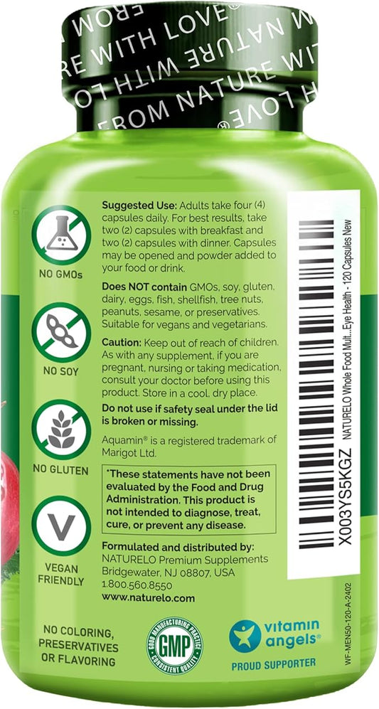 NATURELO Whole Food Multivitamin for Men 50+ - with Vitamins, Minerals, Organic Herbal Extracts - Vegan Vegetarian - for Energy, Brain, Heart and Eye Health - 120 Capsules