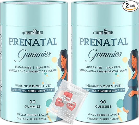 Prenatal Gummies Sugar Free 180 Count - Organics Prenatal Vitamins for Women with Folate, DHA & Probiotics - Iron Free Prenatal Vitamin Gummies for Immune & Digestive - 2 Bottles
