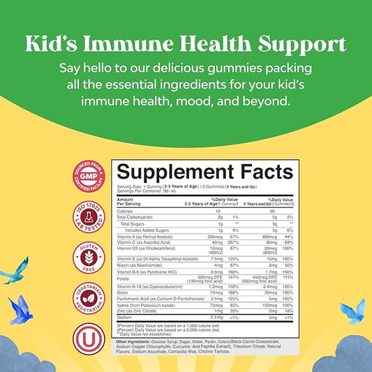Plant Based Kids Multivitamin Gummies - Multivitamin for Kids Immune Support with Vitamins A, C, D3, E, B6 & B12, Zinc & Iodine - Children's Vitamins Chewable Formula for Strong Health - 90 Count