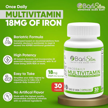 BariSlim Once Daily Bariatric Multivitamin Capsule - 18mg of Iron - Bariatric Vitamin & Supplement for Post Surgery Including Gastric Bypass & Gastric Sleeve | 30 Day Supply