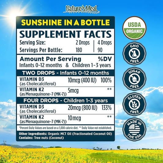 Nature's Meal Vitamin D3 + K2 Drops MK-7 5 mcg, Liquid Vitamin D Drops for Infants 400 IU, Healthy Bones, Heart & Immune System, Sugar Free Supplement for Infants/Baby & Toddlers, 180 Servings