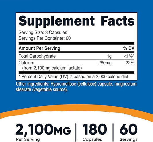 Nutricost Calcium Lactate 2,100mg; 180 Capsules - Vegan, Non-GMO and Gluten Free, 60 Servings