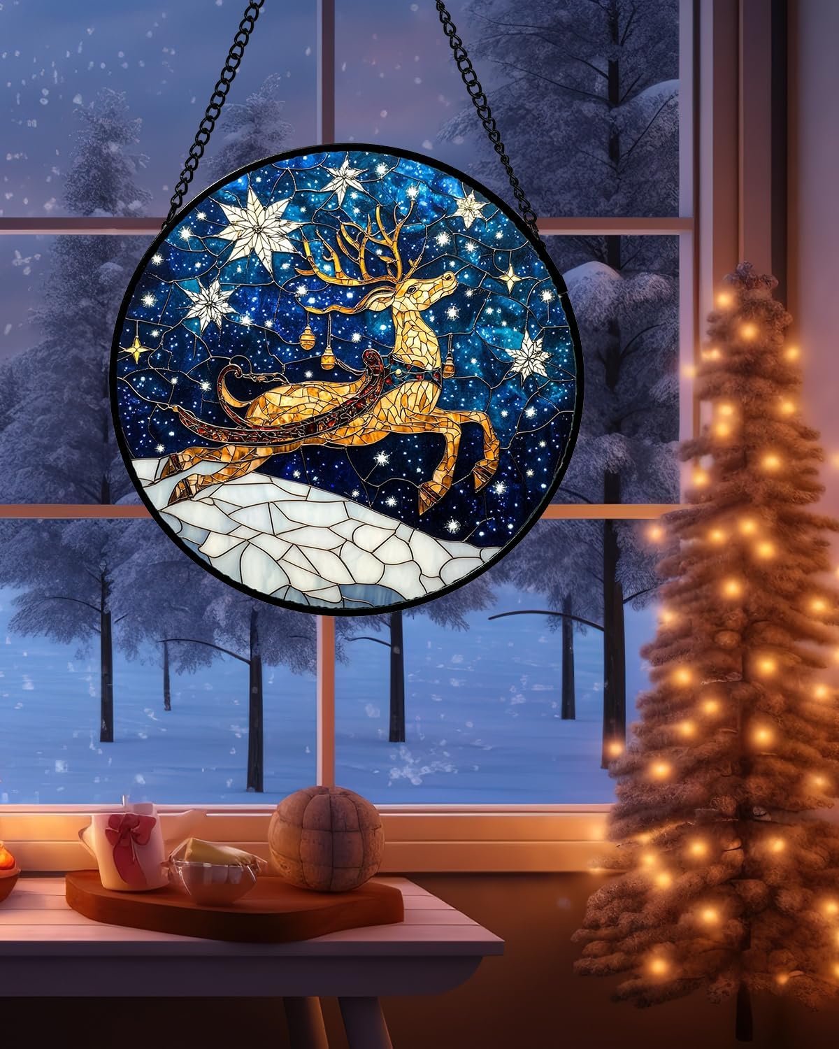 Stained Glass Window Hanging - Reindeer Blue Starry Sky Suncatcher for Doors Home Christmas Decoration Winter Sun Catcher Thanksgiving New Year Birthday Gifts for Women Men Mom Nana 7.8 in