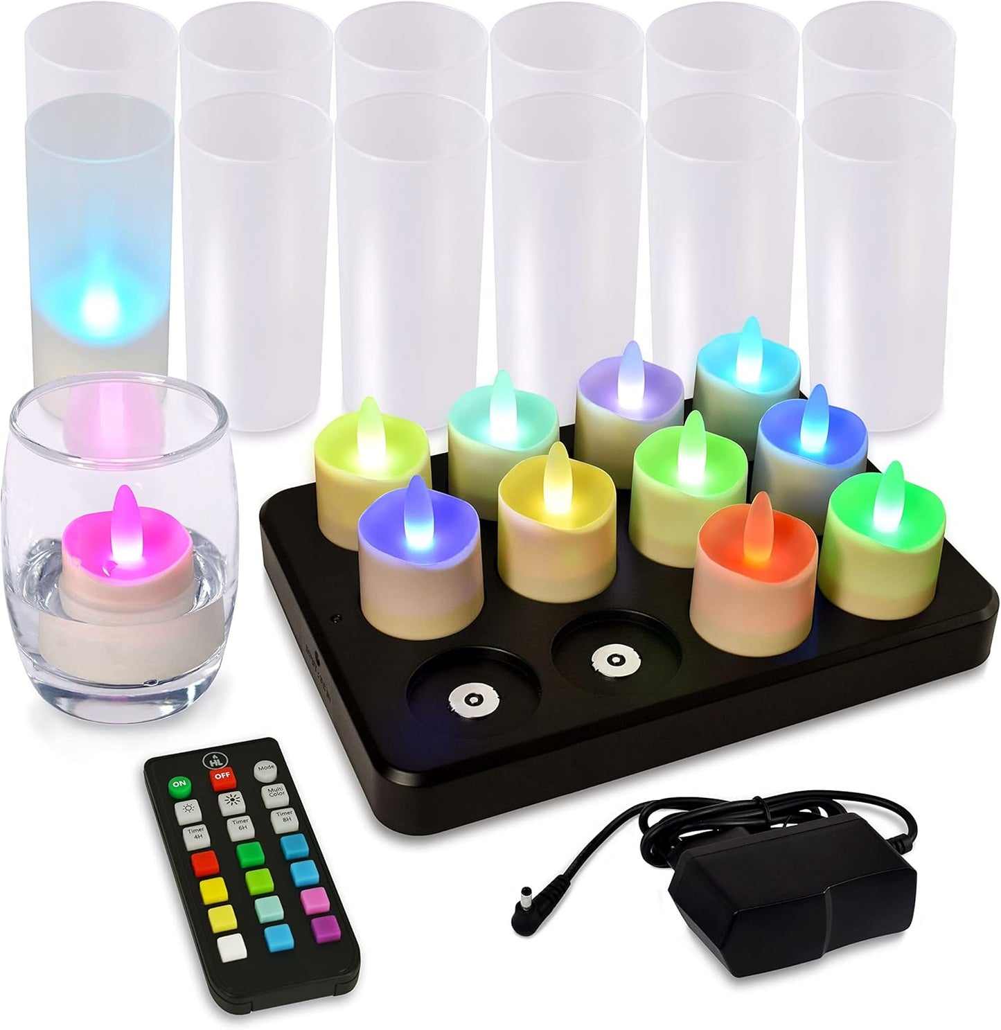 HL Flameless Candles with Remote Timer&Charging Station, 60+Hours Rechargeable Waterproof Outdoor RGB Tea Lights Colorful Candles for Valentine's Gift Halloween Christmas Home Party Decor-12pcs