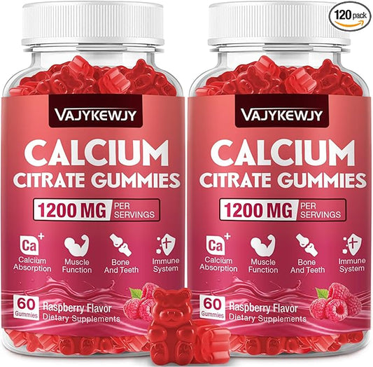 Calcium Citrate Gummies 1200mg for Adults & Kids - Bone & Teeth Support, Easy Absorption, Delicious Raspberry Flavor - Non-GMO, Gluten Free, Vegan - 120 Count