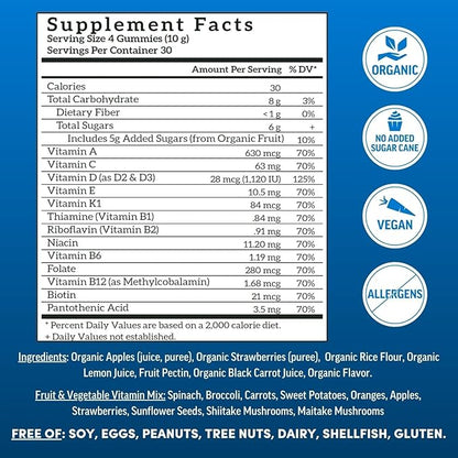 Llama Naturals Multivitamin for Men, Vegan, Organic Gummies with Vitamin D, C and K, Men's Real Fruit Gummy Vitamins, Chewable Multivitamin Supplement, No Added Sugar Cane, Strawberry, 120 Ct