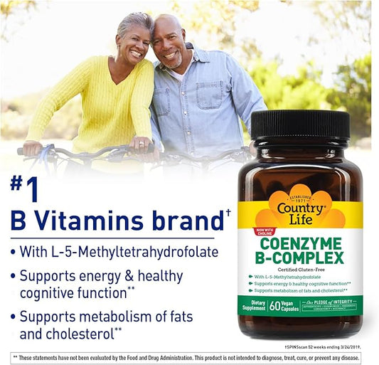 Country Life Coenzyme B-Complex, 60 Capsules – Supports Energy & Metabolism, Mood & Cognitive Function – Vegan, Gluten-Free, Bioavailable B Vitamins with Choline